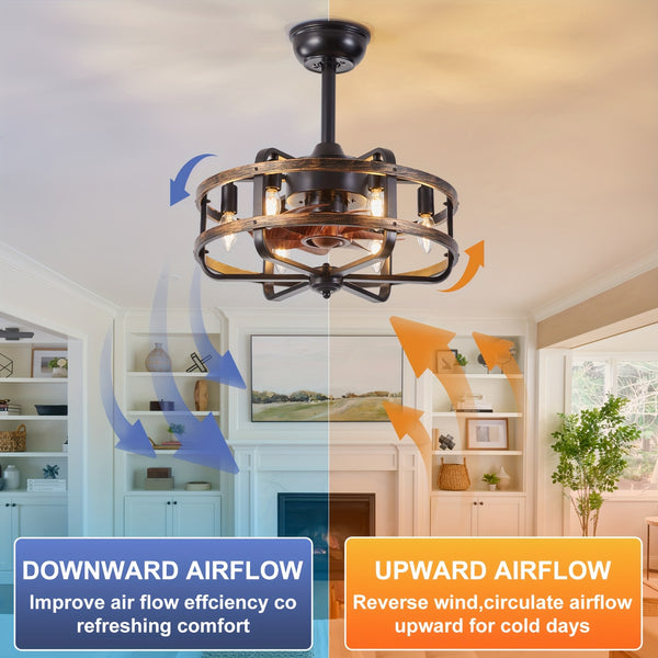 45.72cm Retro Industrial Ceiling Fan, Commercial Lighting E14*6 Bulb Base, Reversible 3 Wind Speed Fan Light, 1/2/4 Timed Operation Quiet, 2 Boom Adjustable Height, Tilted Low Ceiling Can Also Be Installed (Bulb Not Included)