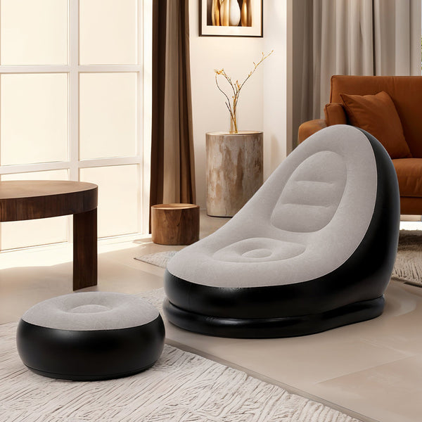Beige Outdoor Inflatable Sofa Set, Foldable Inflatable Mattress with Footstool, Lazy Sofa, Portable Sofa Set, Made of PVC Material, with Foot Pump