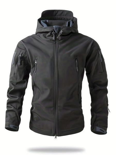 Men'S Winter Soft Shell Jacket with a Hood, Featuring Pockets And a Solid Color, Suitable for Outdoor Wear