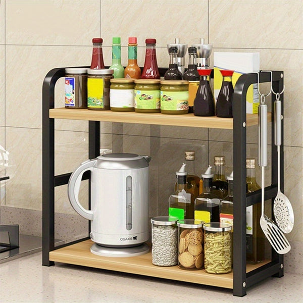 Two-Tier Dish Drying Rack for The Kitchen, Spice Organizer with Hooks And Adjustable Shelf, Freestanding Kitchen Storage Unit for Dishes, Cups, And Cutting Boards