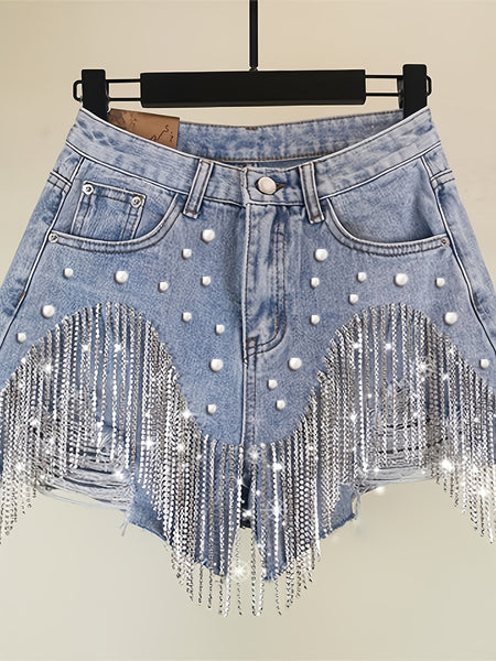 Women's High Waisted Rhinestone & Pearl Tassel Denim Shorts - Ripped Frayed Raw Hem with Sparkly Chain Fringe, Stretch Denim Hot Pants Suitable for Club Party Night Out, Machine Washable Sexy Fringe Hem Shorts