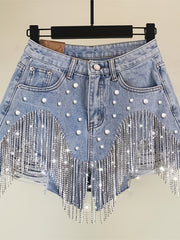 Women's High Waisted Rhinestone & Pearl Tassel Denim Shorts - Ripped Frayed Raw Hem with Sparkly Chain Fringe, Stretch Denim Hot Pants Suitable for Club Party Night Out, Machine Washable Sexy Fringe Hem Shorts