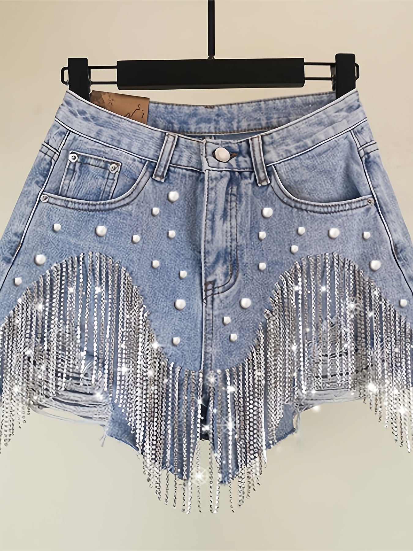 Women's High Waisted Rhinestone & Pearl Tassel Denim Shorts - Ripped Frayed Raw Hem with Sparkly Chain Fringe, Stretch Denim Hot Pants Suitable for Club Party Night Out, Machine Washable Sexy Fringe Hem Shorts