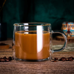 Vinsani Double Walled Coffee Drink Glasses Tea Cup Mug Heat Cold Resistant Aesthetic Clear Borosilicate Glass with Handle Cappuccino Latte Tea Dessert Hot and Cold Drinks