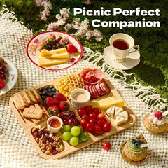 1-Piece Bamboo Cheese Tray with Transparent Acrylic Lid - Portable Charcuterie Board for Camping, Parties, Restaurants. Ideal for serving holiday appetizers, deli meats, and snacks. Reversible as a cutting board, with a secure snap-on lid to keep food fre