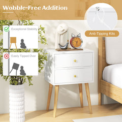 GYMAX Nightstand, Mid-century Modern Bedside Table with 2 Drawers, End Table with Solid Wood Support Legs for Small Spaces, Versatile in Living Room Bedroom, White