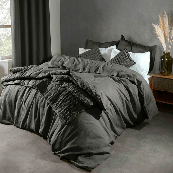 Lazy Linen 100% Washed Charcoal Linen Duvet Cover Set in 3 Sizes