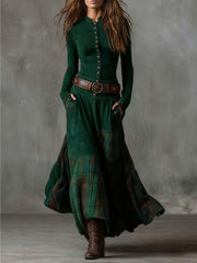 A Retro-Style Maxi Dress Featuring a Stand Collar, Single-Breasted Buttons, And a Waist-Cinched Design with Pockets And a, Adorned with Contrasting Check Patterns, Ideal for Daily Wear And Vintage-Themed Events