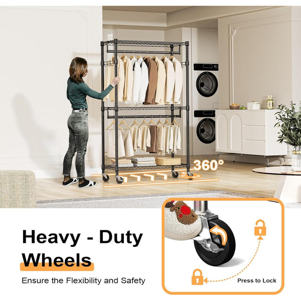 M MZG Heavy Duty Easy to Assemble - Multi-functional Removable Clothes Rack - with Three Shelves, Side Hooks And Locking Casters - Sturdy And Durable - Suitable for Bedroom, Living Room And Wardrobe Black