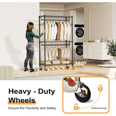 M MZG Heavy Duty Easy to Assemble - Multi-functional Removable Clothes Rack - with Three Shelves, Side Hooks And Locking Casters - Sturdy And Durable - Suitable for Bedroom, Living Room And Wardrobe Black