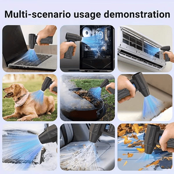Turbine fan with 140000 revolutions per minute powerful blowing -4-speed speed regulation, multi head nozzle, LED light, suitable for car snow removal, computer dust removal, grill cleaning, outdoor camping, and home ventilation maintenance, wireless port