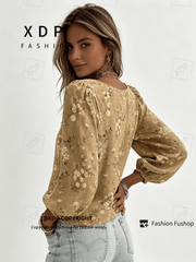 2D Flat Print Retro Western Style Shirt| V-neck Women's Long-sleeved Top with Colorful Small Floral Print, Bohemian Style Lantern Sleeve Design, Machine Washable, Suitable for Casual Attire and Vacations, 2D Flat