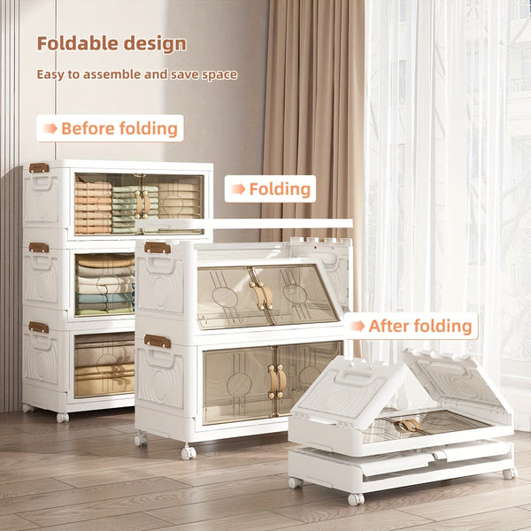 Large Foldable & Stackable Storage Cabinet with Wheels - Heavy-Duty Suitable for, Office, Dorm System, 2/3/4/5-Tier Plastic Shelving Unit with Lids, Space-Saving Foldable for Wardrobe, Bathroom, Freestanding Use