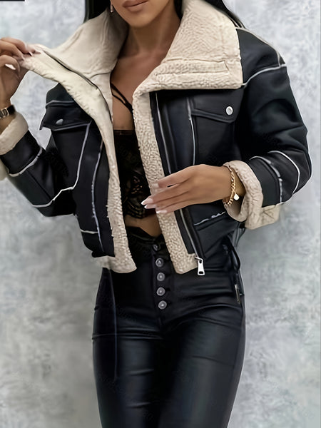 Women'S Autumn And Winter Lamb Casual Jacket, Motorcycle Style Flap Pocket Warm Coat, Drawstring Hem