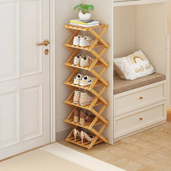 4/5/6/7 Tiers Bamboo Wooden Shoe Rack, Vertical Shoe Racks Storage Shelves Tall Shoe Tower, Collapsible Narrow Shoe Stand, Installation Free Folding X-Shape Shoe Racks Sneakers Slippers Holder Organizer, Multi Functional Shoe Rack Durable Footwear Cabinet