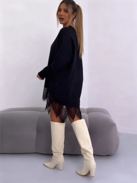 Women'S Lace-Panel Sweatshirt | Fashionable Mid-Length Pullover with Slit Detail, Casual Oversized Off-the-Shoulder Long-Sleeved Sweatshirt Dress, Sweet-Edgy Leisure Style, Comfort and Refinement, Fall/Winter, Crew Neck, Medium Stretch Fabric - XIUD