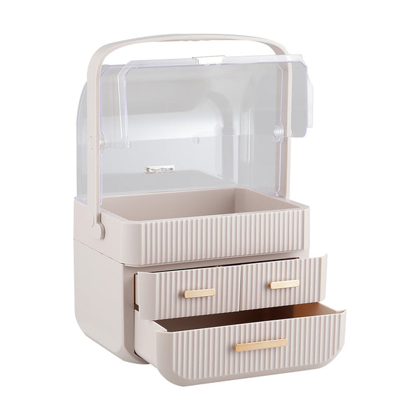 3-Tier Pink Jewelry Storage Box with Protective Lids, Plastic Makeup Organizer Features Multi-Drawer System, Desktop Display Case 24.6x18.6x35.3cm Perfect for Organizing Lipsticks, Cosmetics and Jewelry Pieces on Bathroom Counter and Dresser Top