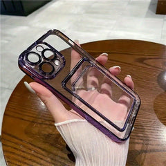 Phone case: Electroplated Transparent Card Slot Holder Case for iPhone 15 14 Plus 13 12 11 Pro Max Plating Photo Pocket Shockproof Cover