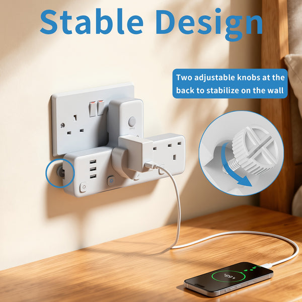 UK Plug Extension Socket with 3 USB Ports & 3 AC Outlets, Surge Protection, 180° Rotating T-Shaped Design, 3250W Power, LED Light Switch for Home Office, Electronic Device Charging | Surge Protection Feature