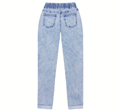 Ladies' 2026 New Elastic Waist Drawstring Slim-Fit Nine-Point Jeans, Acid-Washed Light Blue Rolled Hem Straight-Leg Denim Pants, Elegant Women'S Clothing, Tapered Pants Suitable for All Seasons, Pocketed Mom Jeans