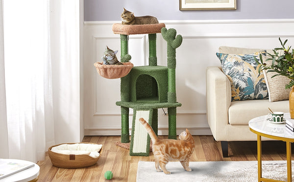Costoffs Cat Tree, 107cm Cactus Cat Tree, Cat Furniture with Natural Sisal, Cactus Cat Tower with Platform, Condo, Basket, Scratching Posts, Board & Hanging Ball, Cat Furniture for Small/Medium Cats