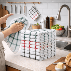 Pack of 10 & 5 Terry Toweling 100% Cotton Dish Cloths Catering Bar Towel Super Absorbent Lint Free Quick Dry Heavy Duty Soft Kitchen Tea Towels Dishcloths for Washing Up Scrubbing Machine Washable Extra Large 70 X 40 Cm (Black/ Blue/red Multicolor Check P
