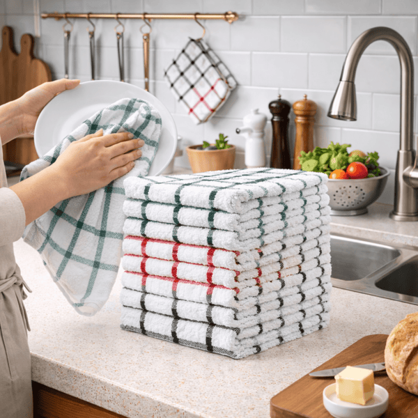 Pack of 10 & 5 Terry Toweling 100% Cotton Dish Cloths Catering Bar Towel Super Absorbent Lint Free Quick Dry Heavy Duty Soft Kitchen Tea Towels Dishcloths for Washing Up Scrubbing Machine Washable Extra Large 70 X 40 Cm (Black/ Blue/red Multicolor Check P