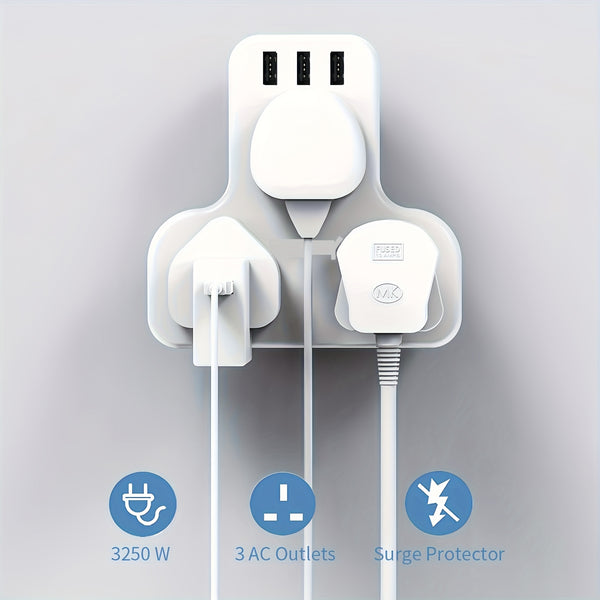 UK Plug Power Outlet with 3 USB Ports & 3250W Max Power - Fast Charging Adapter, Heavy-Duty UK Socket for Home, Office, Travel - Compatible with UK, Qatar, Singapore, Malaysia - Compact Design with Overload & Short Circuit Protection - Ideal for Chargers,