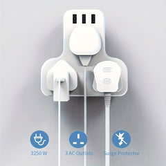 UK Plug Power Outlet with 3 USB Ports & 3250W Max Power - Fast Charging Adapter, Heavy-Duty UK Socket for Home, Office, Travel - Compatible with UK, Qatar, Singapore, Malaysia - Compact Design with Overload & Short Circuit Protection - Ideal for Chargers,