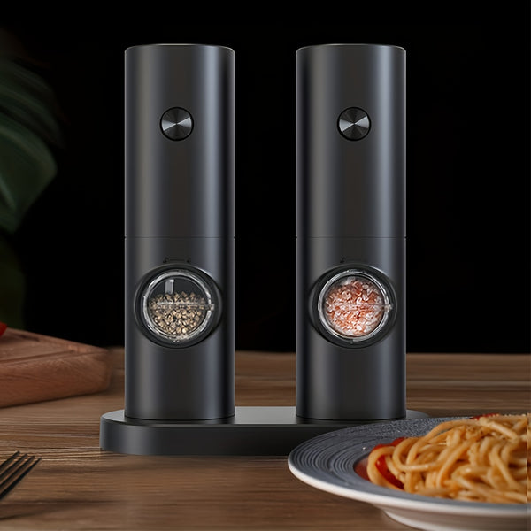 Electric Salt and Pepper Grinder Set, 2pcs with Base and Cleaning Brush, Adjustable Grind Coarseness, LED Lighting, Suitable for Kitchen/BBQ/Restaurant, Kitchen Table Seasoning Tool or Gift, Black