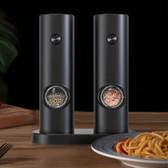 Electric Salt and Pepper Grinder Set, 2pcs with Base and Cleaning Brush, Adjustable Grind Coarseness, LED Lighting, Suitable for Kitchen/BBQ/Restaurant, Kitchen Table Seasoning Tool or Gift, Black