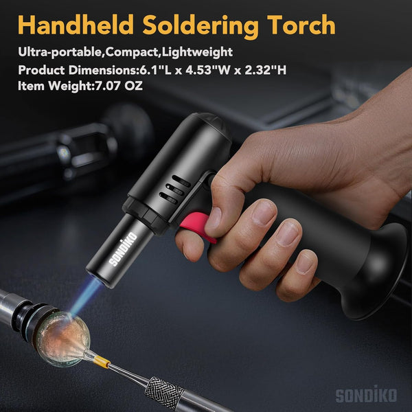 Sondiko Kitchen Blow Torch with Fuel Gauge S907, Refillable Soldering Torch Lighter with Safety Lock and Adjustable Flame for Desserts, Creme Brulee, Welding, Industrial (Butane Not Included)