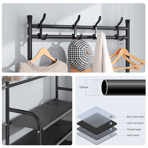 1pc Black Coat Rack Shoe Storage 5 Tiers Metal Stand 8 Hooks Shelves 80Cm Widened for Living Room Bathroom Hallway Office Xmas Gift
