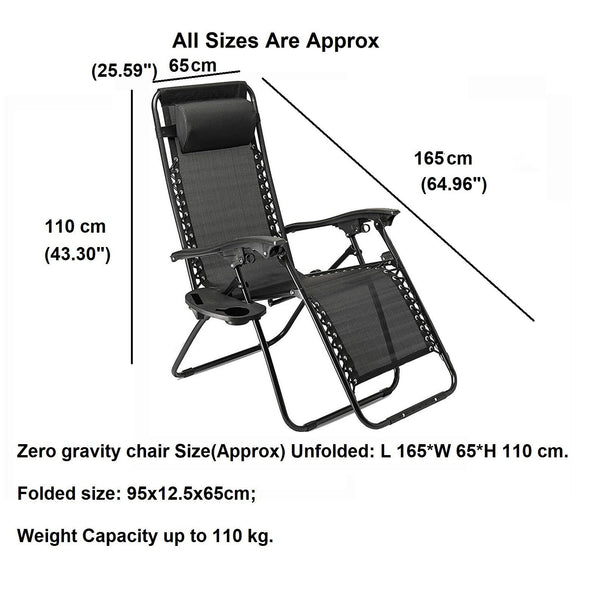 2 x Zero Gravity Reclining Garden Chair Sun Beach Lounger Recliner Outdoor Black