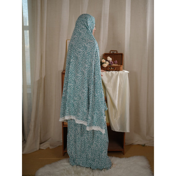 Traditional Muslim Women's Printed Hooded Prayer Gown Two-Piece Set - Upper Skirt 80cm, Lower Skirt 105cm