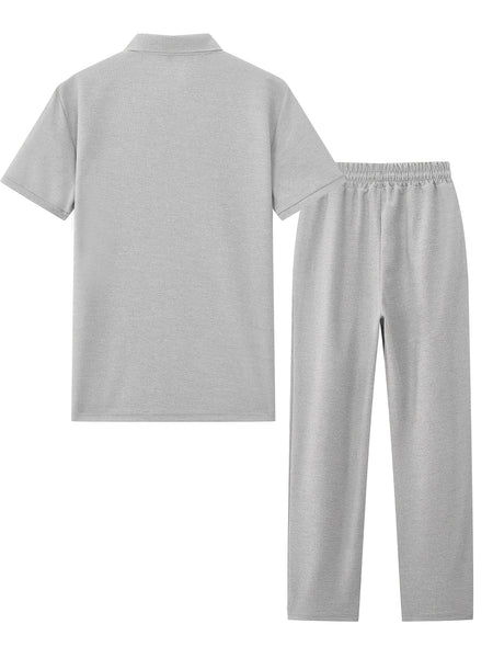 Men's Waffle Casual Suit Top Short Sleeve Turnover Collar Shirt Bottom Leisure Pants Comfortable and Clean Suitable for Spring and Summer Wear