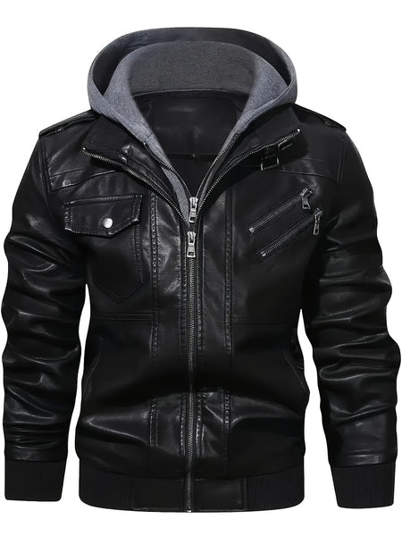 Men'S Black Hooded Jacket - Casual Style, Full-Zip Design with Pockets, Long Sleeves, Polyester Lining, Perfect for Outdoor Activities