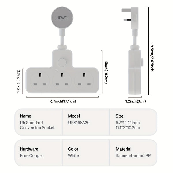 LIPWEL UK Plug Extension Socket with 3 AC Outlets & 2 USB Ports, Flame Retardant Material, Pure Copper, Power Switch & Indicator Light, 3120W/13A, Wall-Mountable for Home Office Dorm - White, Plug Outlet Extender, Workspace Organization, Sleek Design, Saf