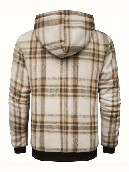 Men's Heavyweight -Lined Hooded Jacket - Full-Zip Plaid Thickened Shirt with Pockets and Adjustable Drawstring, Comfortable and Warm for Autumn and Winter
