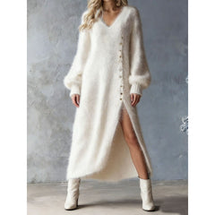 2026 Autumn and Winter V-neck Loose Lazy Style Button Decoration Slit Dress Temperament