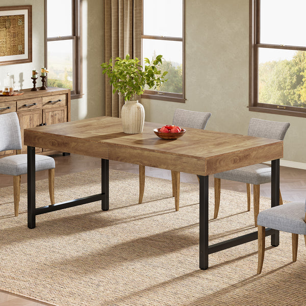 Farmhouse Dining Table for 4-6 People | 139.7 cm Industrial Rectangular Kitchen Dinner Table with Heavy-Duty Metal Legs, Rustic Brown, Multifunctional, Includes 1 Leaf, Assembled, by TRIBESIGNS