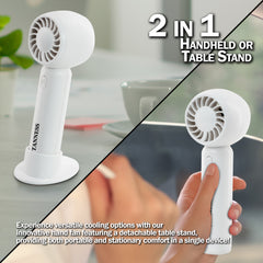 TANNESS 3 Speeds Handheld Fan - Rechargeable, Portable, Foldable With Detachable Base | USB Mini Hand Fan for Table, Desk - Quiet Standing Fan