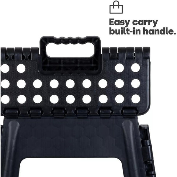 Strong Plastic 18 Inch Black Folding Step Stool - Premium Compact and Lightweight Anti Slip Foldable Stool with Handles for Kids and Adults
