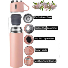 1 Set 500ml/16.9oz Stainless Steel Vacuum Insulated Bottle with 3 Cups Food-Contact Safe, Hot & Cold Insulation, Portable Leak-Proof Design – Perfect for Daily Use, Office, Travel & Ideal Gift for Her