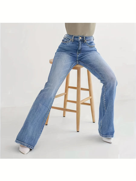 Women's Vintage Light Blue High-Waist Stretch Bootcut Jeans, Slim Fit with Tummy Control, Flattering and Leg-Lengthening, Y2K Street Style for Daily Casual Wear, Soft Washed, Breathable, Skin-Friendly, Suitable for All Seasons, Machine Washable