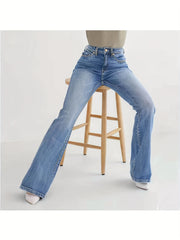 Women's Vintage Light Blue High-Waist Stretch Bootcut Jeans, Slim Fit with Tummy Control, Flattering and Leg-Lengthening, Y2K Street Style for Daily Casual Wear, Soft Washed, Breathable, Skin-Friendly, Suitable for All Seasons, Machine Washable