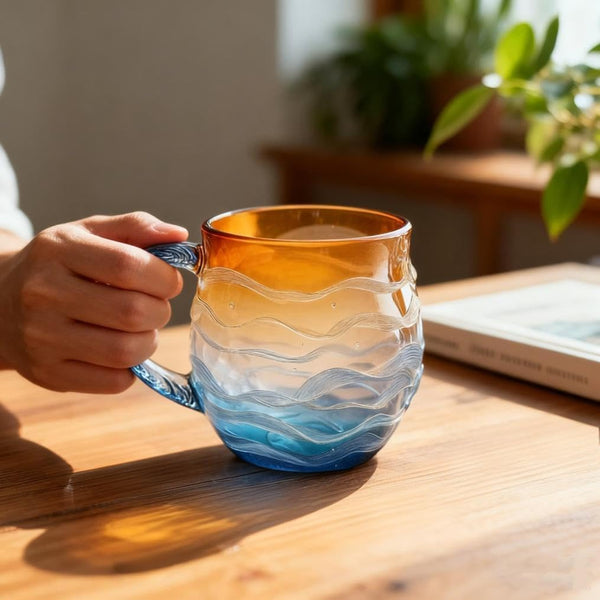 Sea Glass Wave Mug, 12oz Ocean Wave Glass Mug with Handle, Captivating Artistic Beach Sea Wave Coffee Cups Gift for Ocean Lovers, Drinking Coffee, Tea, Wine, Cocktails (Orange)