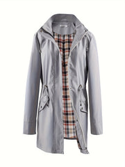 Drawstring Waist Hooded Zip Up Coat, Casual Long Sleeve Coat for Fall & Winter, Women's Clothing