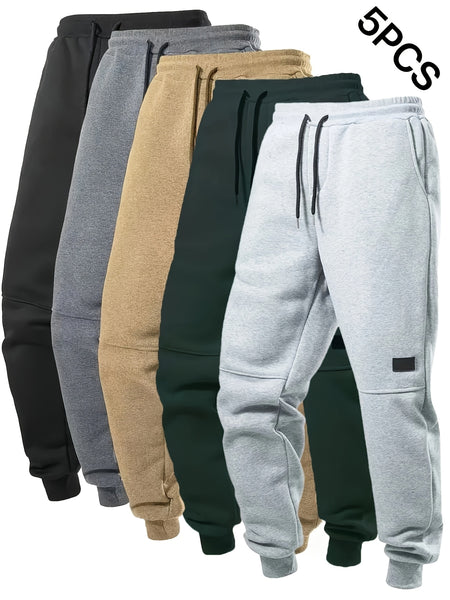 5pcs Men's Fleece Lined Solid Jogger Sweatpants With Drawstring, Casual Warm Sporty Trousers As Gift