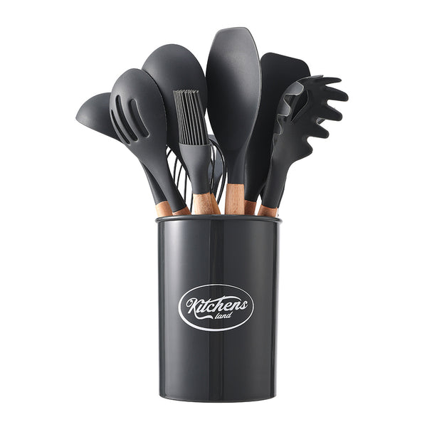 Kitchen Utensil Set, 11pcs Silicone Cooking Utensils Set With Wooden Handle, Nonstick Cookware Tongs Spatula Spoon Set, Best Kitchen Tools, Valentine'S Day Gifts Black, Holiday Gift Guide